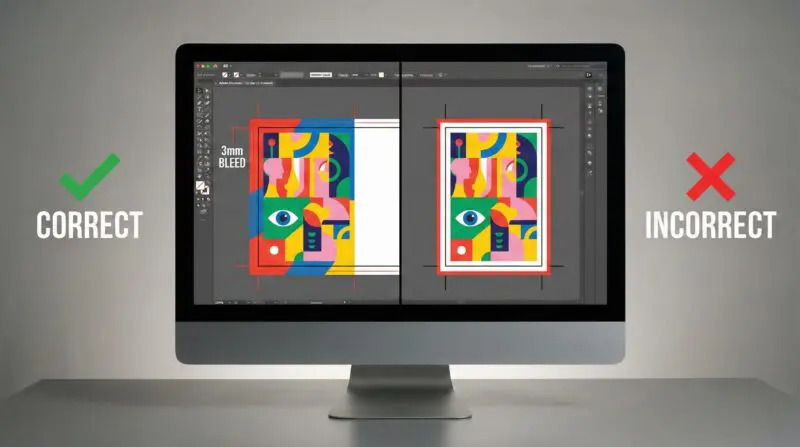 Illustrator 出血設定正確與錯誤對比：圖片是否延伸到紅色出血線