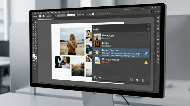 Illustrator 連結面板顯示嵌入與連結圖片狀態，包含遺失連結警告