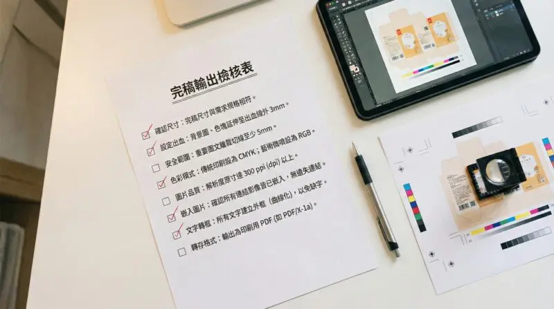 設計師工作桌面俯拍，展示完稿檢查清單、印刷樣張和放大鏡