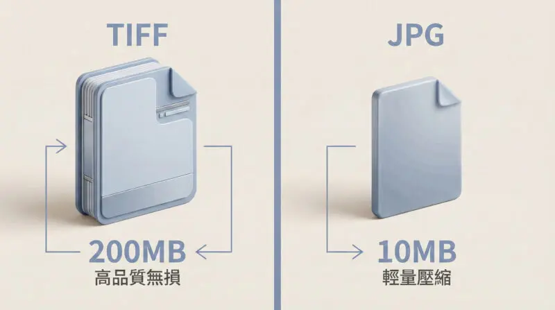 TIFF 與 JPG 檔案格式對比圖 - 檔案大小與品質差異說明