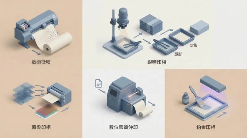 5 種照片製作工法技術原理圖解：藝術微噴、銀鹽印相、轉染印相、數位銀鹽沖印、鉑金印相