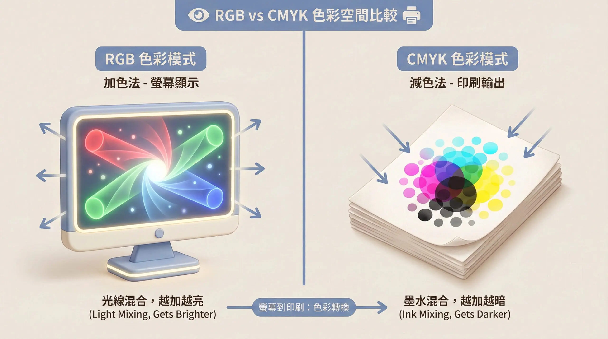 RGB 與 CMYK 色彩模式對比圖 - 螢幕發光與印刷反光差異說明