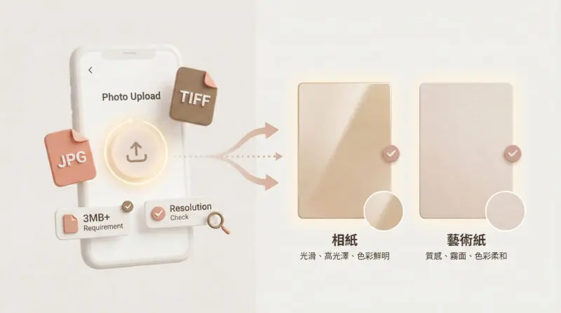 線上訂購照片輸出流程圖 - 上傳檔案與選擇紙材步驟說明