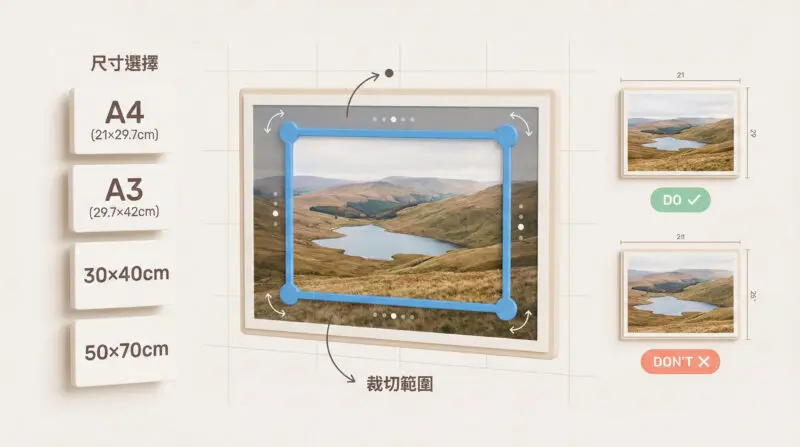 照片裁切範圍調整示意圖 - 藍色框顯示輸出範圍