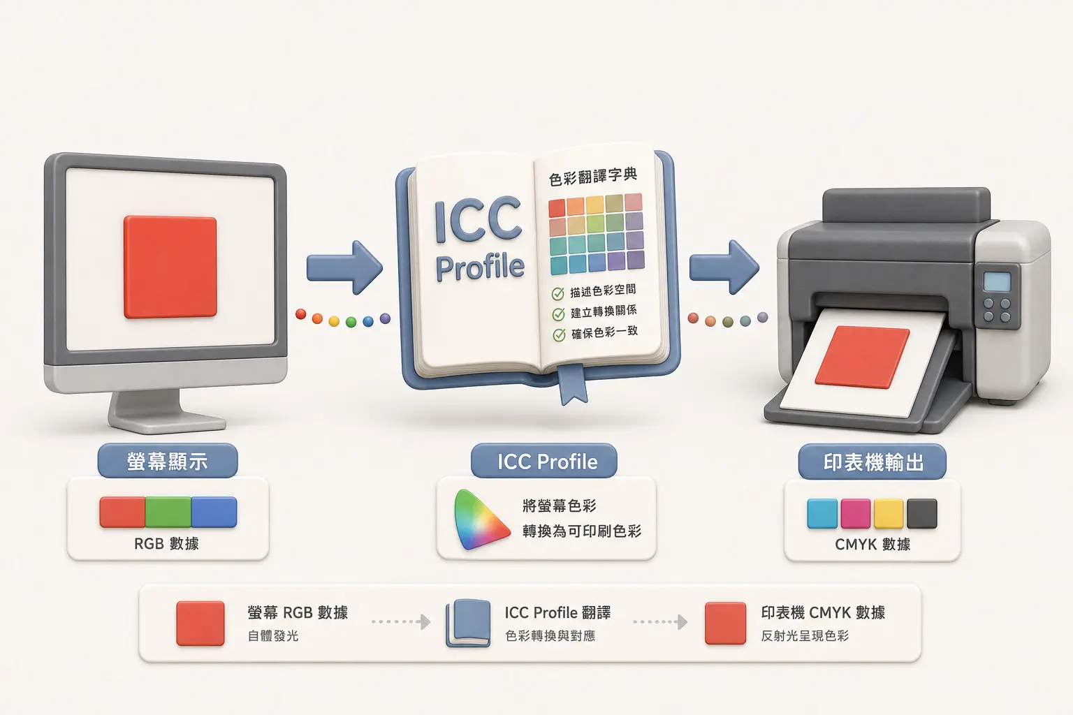 ICC Profile 色彩翻譯字典概念圖 ICC Profile 色彩翻譯字典概念圖,顯示螢幕、色彩描述檔與印表機的色彩對應