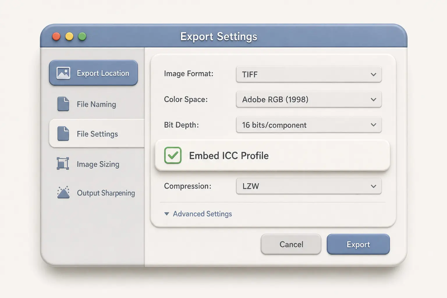 Embed ICC Profile 設定圖解 Lightroom 和 Photoshop 匯出設定中勾選 Embed ICC Profile 嵌入色彩描述檔