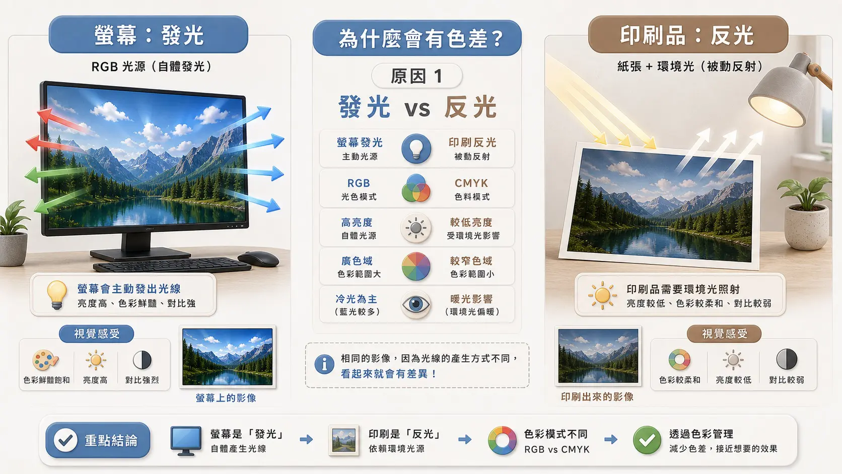 螢幕發光與印刷反光差異圖解 螢幕發光與印刷反光造成顏色不一致的色彩管理圖解