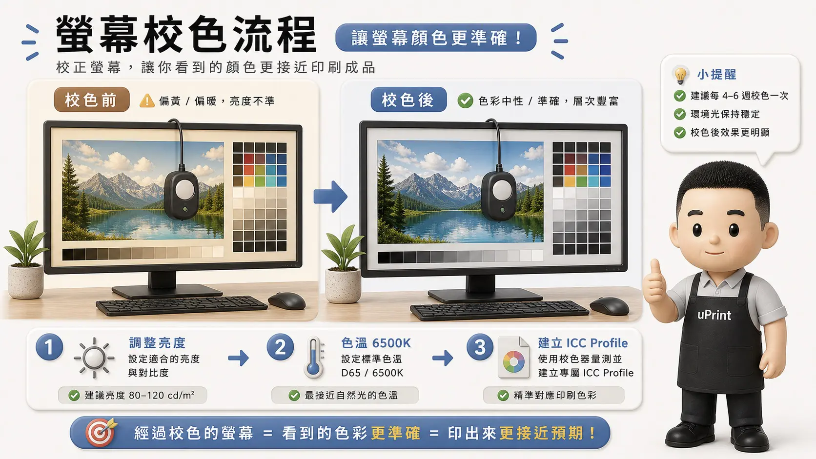 螢幕校色與輸出前檢查清單圖解 螢幕校色、Adobe RGB、試印與紙材選擇的輸出前檢查清單