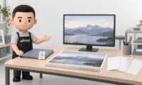 uPrint CEO 在工作桌旁引導創作者確認原始照片、成品尺寸與紙材