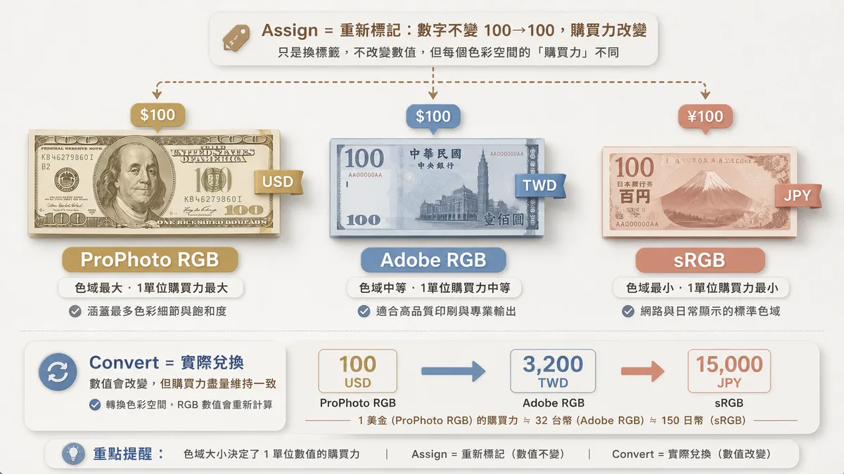 色彩空間換匯理論示意圖：ProPhoto RGB、Adobe RGB 與 sRGB 的購買力比較