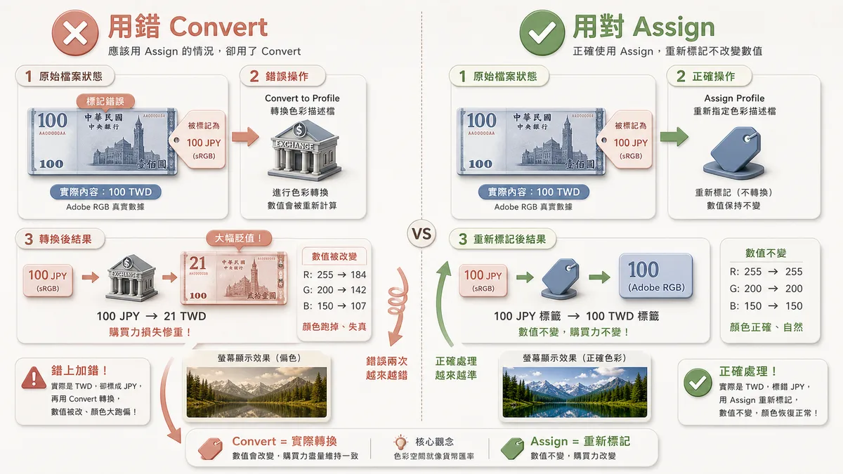 Assign vs Convert 錯誤案例對比：用錯 Convert 與用對 Assign 的色彩管理差異
