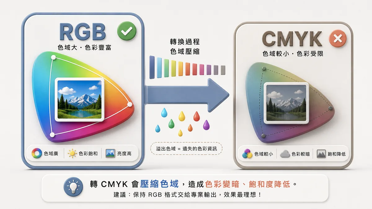 RGB 色域與 CMYK 色域的對比圖,顯示 RGB 範圍更大